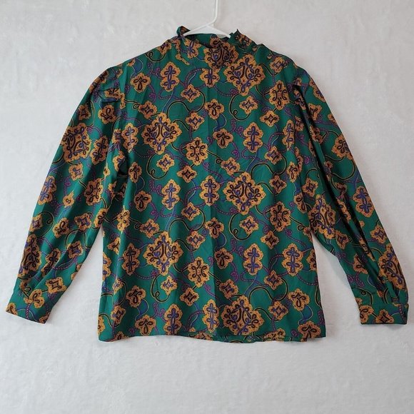 VTG Regina Porter Secretary Blouse Womens Size 14 Green Gold Knot Rope - Picture 2 of 15